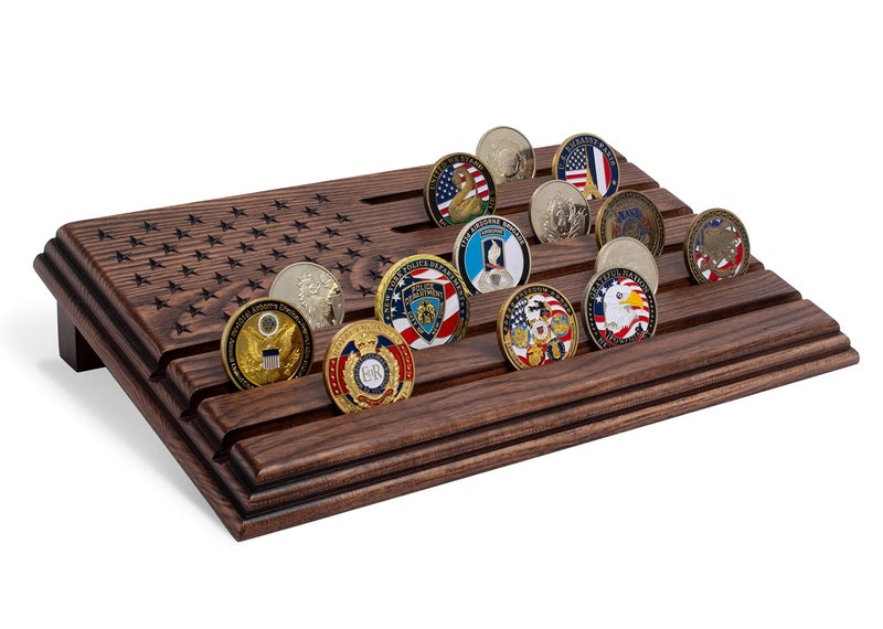 TESLYAR 6 Rows Military Challenge Coins Stand Holder Display Rack Wooden Army Collectible Challenge Coin Display Case Wood Stand  Holds 30-36 Coins Natural Solid Wood Brown American Flag (Brown) - Image 1